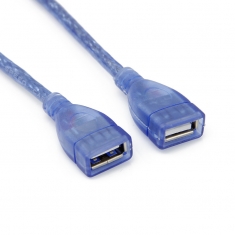 USB母对母延长线 连接线 30CM 蓝色透明屏蔽网